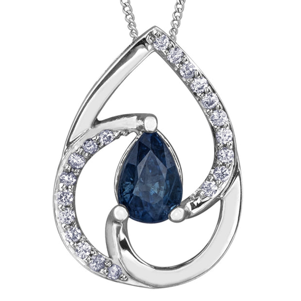 Pear Shaped Sapphire Center with Diamond Swirl Pendant