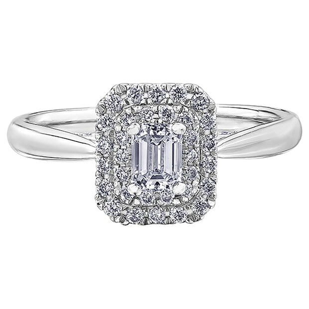 Canadian Emerald Cut Diamond Engagement Ring with Double Halo