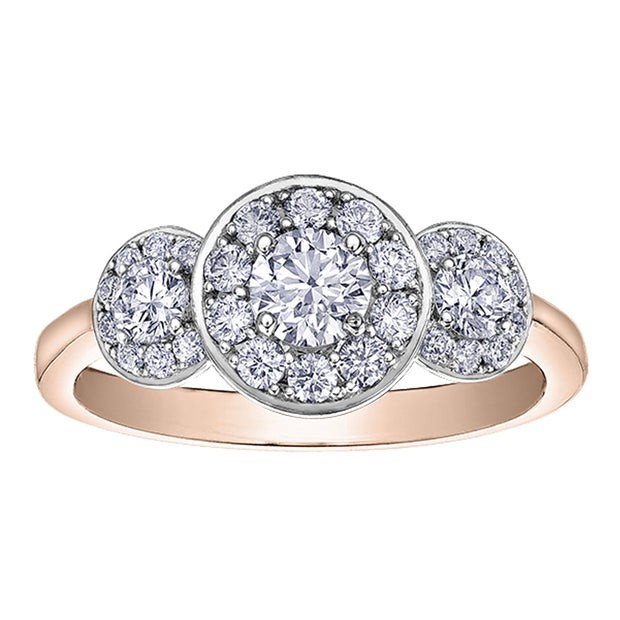 Canadian Three Stone Diamond Ring with Halos