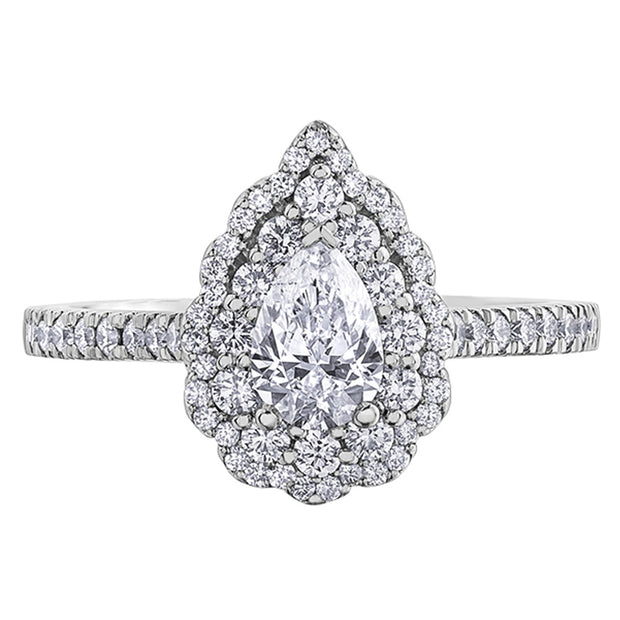 Canadian Accented Pear Shape Diamond Ring with Double Floral Halo